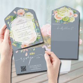 Invitación Todo En Uno Código QR del Boda azul turbio de color de agua