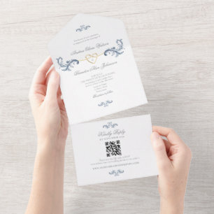 Invitación Todo En Uno Código QR del Boda azul turbio de época