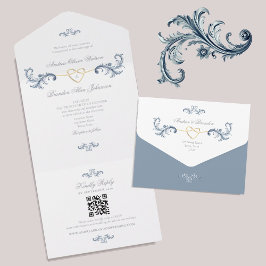 Invitación Todo En Uno Código QR del Boda azul turbio de época