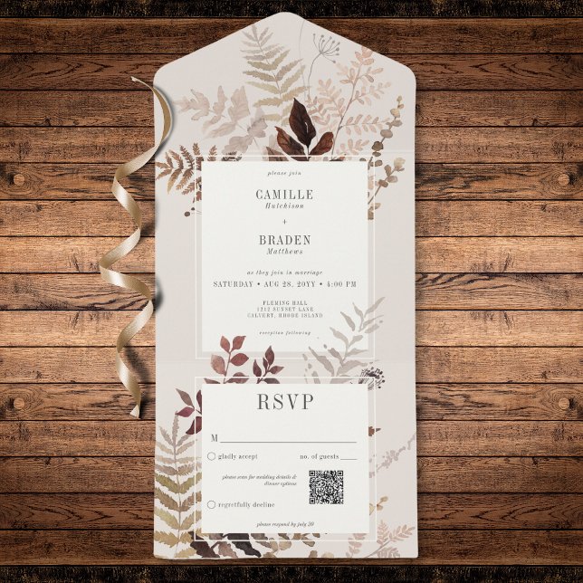 Invitación Todo En Uno Código QR del Boda Botánico Boho Fall Brown (Modern Autumn Brown Ferns & Leaves QR Code All In One Invitation)