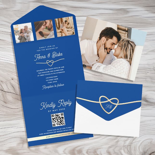 Invitación Todo En Uno Código QR del Boda de fotos azules reales (Subido por el creador)