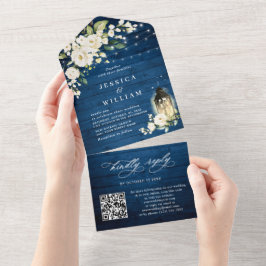 Invitación Todo En Uno Código QR del Boda de Lantern Blue Wood
