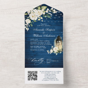 Invitación Todo En Uno Código QR del Boda de madera azul de rosas blancas