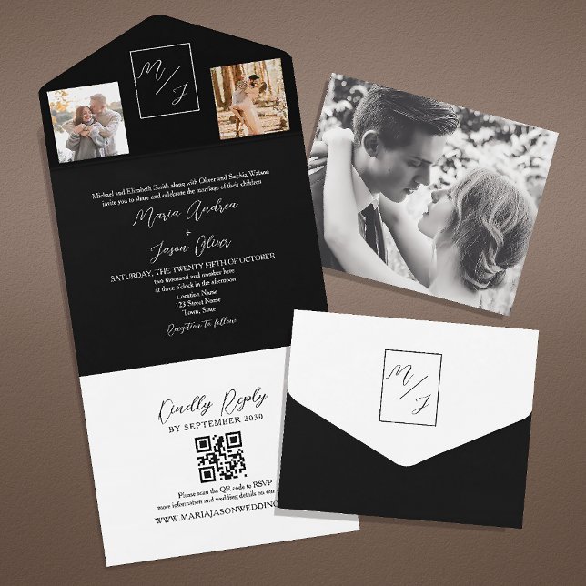 Invitación Todo En Uno Código QR del Boda de monograma negro y blanco (Subido por el creador)