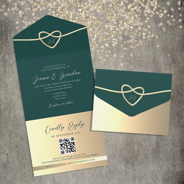 Invitación Todo En Uno Código QR del Boda de monograma verde esmeralda (Subido por el creador)