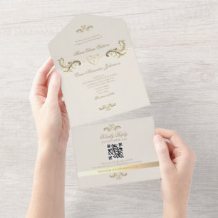 Invitación Todo En Uno Código QR del Boda de oro clásico