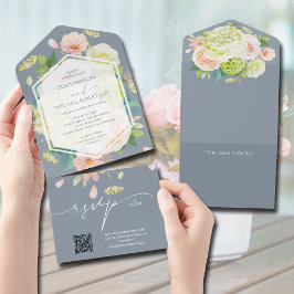 Invitación Todo En Uno Código QR del Boda Floral Azul Dusto