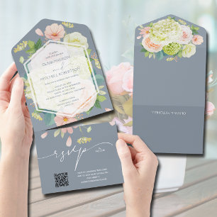 Invitación Todo En Uno Código QR del Boda Floral Azul Dusto