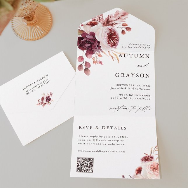 Invitación Todo En Uno Código QR del Boda floral de acuarela de color rom (Inside & Back)