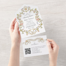 Invitación Todo En Uno código QR del Boda floral de Gracia Ornate Victori