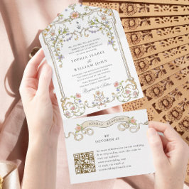 Invitación Todo En Uno código QR del Boda floral de Gracia Ornate Victori