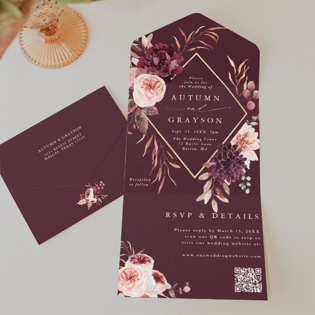 Invitación Todo En Uno Código QR del Boda Geométrico de Oro Romance Gold (Inside & Back)