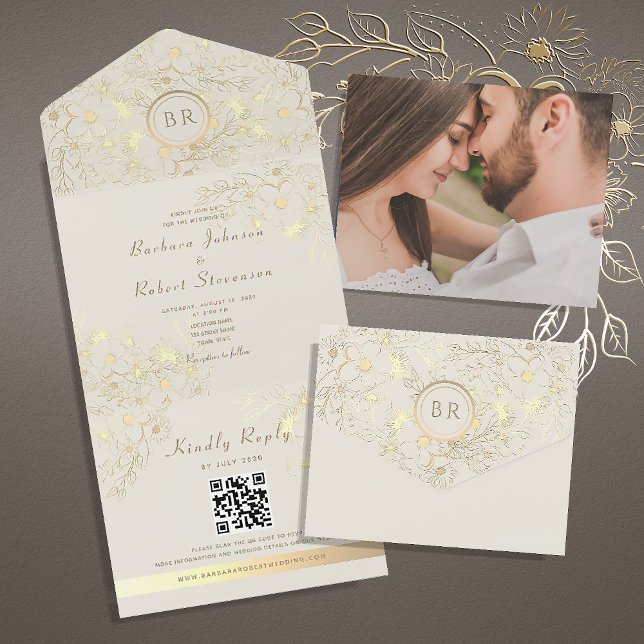 Invitación Todo En Uno Código QR del Boda Monograma Dorado (Subido por el creador)