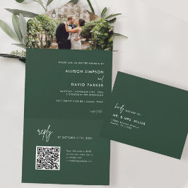 Invitación Todo En Uno Código QR del Boda verde esmeralda minimalista