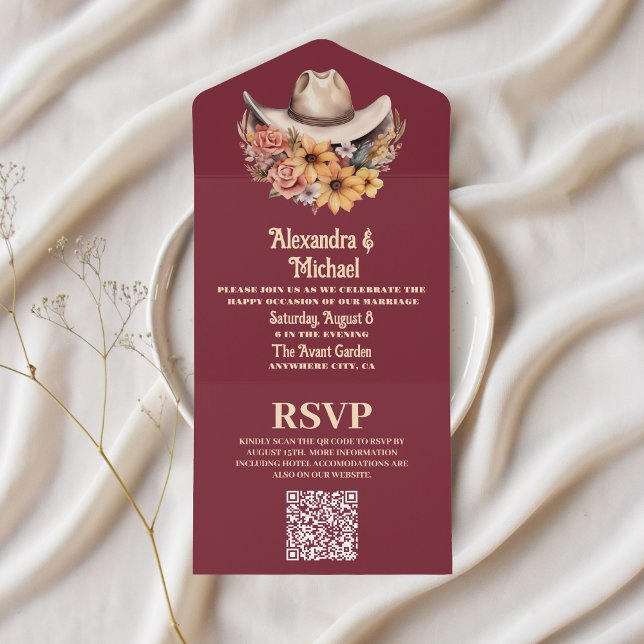 Invitación Todo En Uno Código QR del Boho Floral Occidental Boda (Subido por el creador)