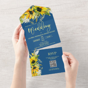 Invitación Todo En Uno Código QR del girasol azul clásico