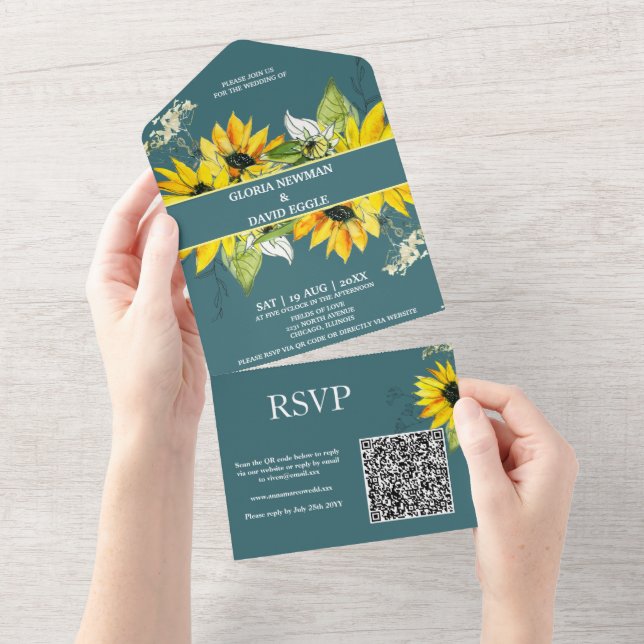 Invitación Todo En Uno Código QR del girasol verde del tabaco (desgarro)