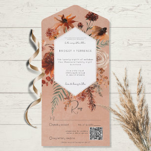 Invitación Todo En Uno Código QR del marco floral de color boho de otoño