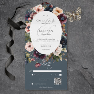 Invitación Todo En Uno Código QR del marco floral ocálmico azul oscuro Mo
