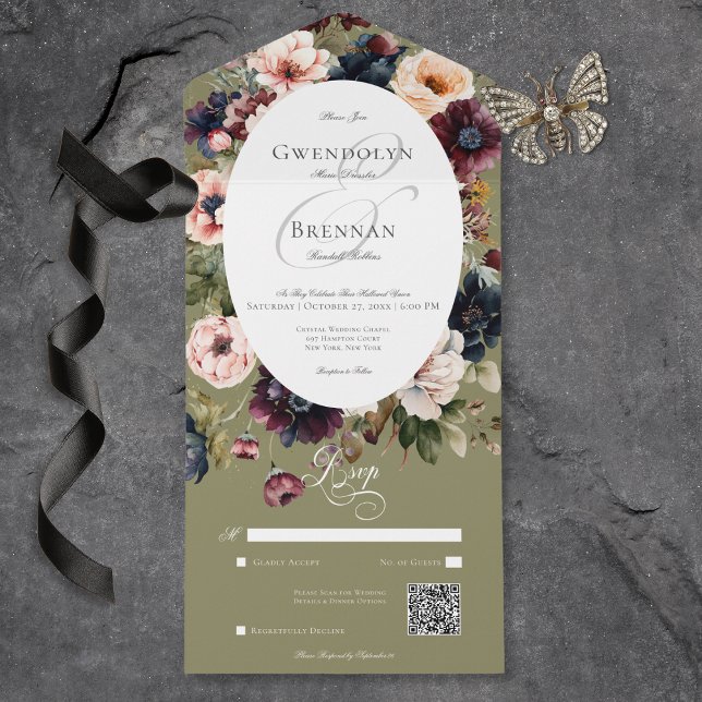 Invitación Todo En Uno Código QR del marco floral ocálmico de ovario verd (Dark Moody Green Oval Floral Frame QR Code All In One Invitation)