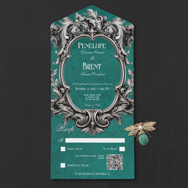 Invitación Todo En Uno Código QR del marco gótico Verde azulado Moody vic (Gothic Teal Moody Victorian Frame QR Code All In One Invitation)