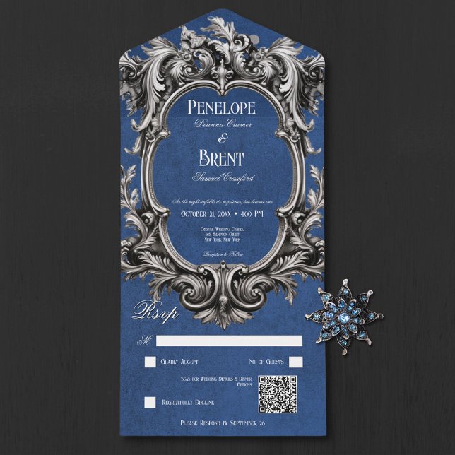 Invitación Todo En Uno Código QR del marco victoriano azul gótico Moody (Gothic Blue Moody Victorian Frame QR Code All In One Invitation)