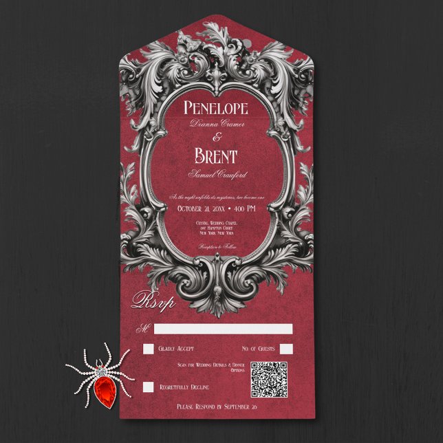 Invitación Todo En Uno Código QR del marco victoriano rojo gótico Moody (Gothic Red Moody Victorian Frame QR Code All In One Invitation)