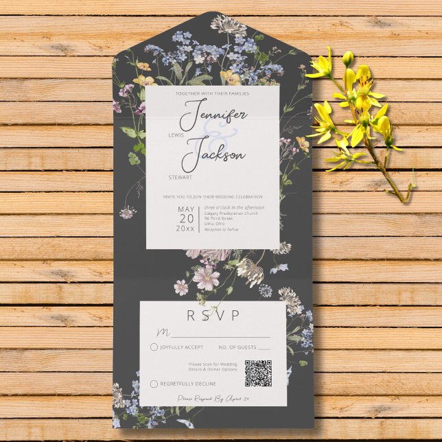 Invitación Todo En Uno Código QR Delicado Boho Wildflowers (Delicate Boho Wildflowers Charcoal All In One Wedding Invitation with QR Code)