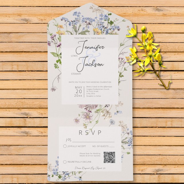 Invitación Todo En Uno Código QR Delicado Boho Wildflowers Cream (Delicate Boho Wildflowers Cream QR Code All In One Invitation)