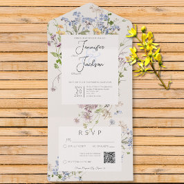 Invitación Todo En Uno Código QR Delicado Boho Wildflowers Cream