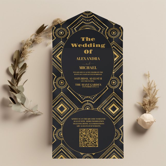 Invitación Todo En Uno Código QR Diamante Negro y Dorado Arte Deco Boda (Subido por el creador)