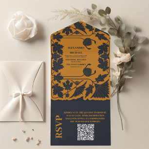 Invitación Todo En Uno Código QR Dorado Azul  Boda Art Nouveau