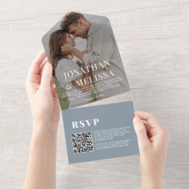 Invitación Todo En Uno Código QR | Dusty Blue Simple Overlay Photo Boda