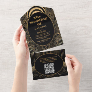 Invitación Todo En Uno Código QR Elegante Art Deco Peacocks Boda