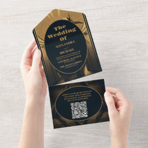 Invitación Todo En Uno Código QR Elegante Art Deco Peacocks Boda