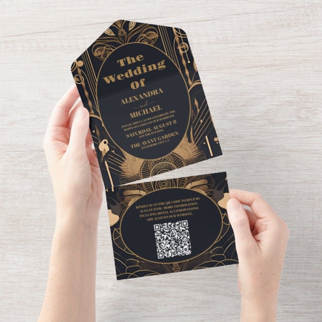 Invitación Todo En Uno Código QR Elegante Art Deco Peacocks Boda (desgarro)