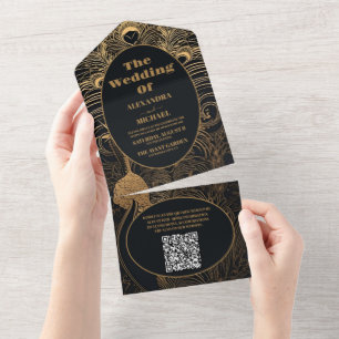 Invitación Todo En Uno Código QR Elegante Art Deco Peacocks Boda