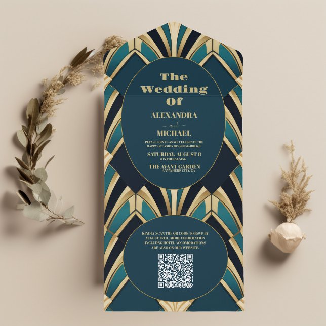 Invitación Todo En Uno Código QR Elegante Boda Art Deco Azul y Oro (Subido por el creador)