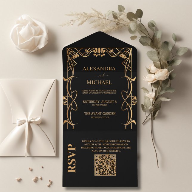 Invitación Todo En Uno Código QR Elegante Boda Art Nouveau (Subido por el creador)