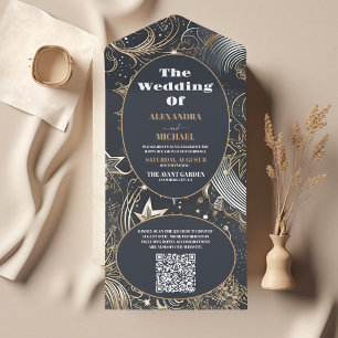 Invitación Todo En Uno Código QR Elegante Boda Celestial Plata Oro