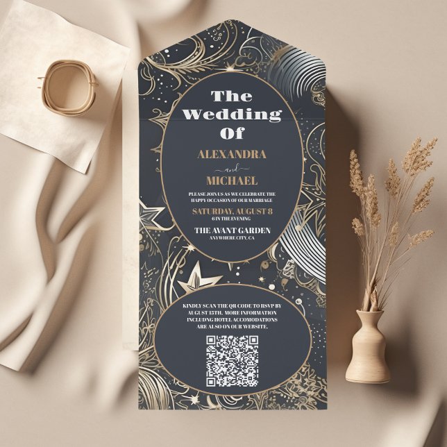 Invitación Todo En Uno Código QR Elegante Boda Celestial Plata Oro (Subido por el creador)