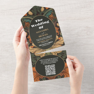 Invitación Todo En Uno Código QR Elegante Boda de Art Nouveau floral