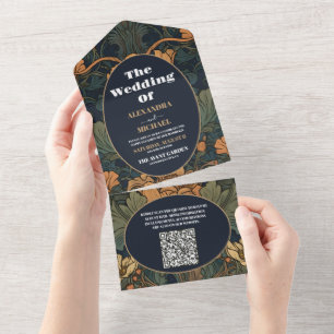 Invitación Todo En Uno Código QR Elegante Boda de Art Nouveau floral