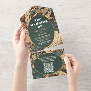 Invitación Todo En Uno Código QR Elegante Boda de Art Nouveau floral