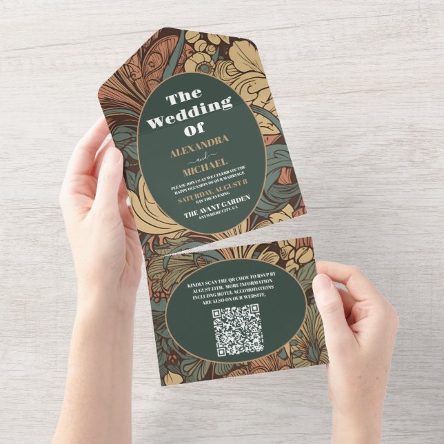 Invitación Todo En Uno Código QR Elegante Boda de Art Nouveau floral (desgarro)