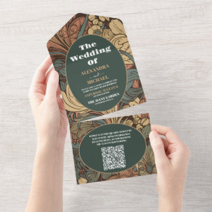 Invitación Todo En Uno Código QR Elegante Boda de Art Nouveau floral