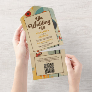 Invitación Todo En Uno Código QR Elegante Boda Floral Mediados de Siglo