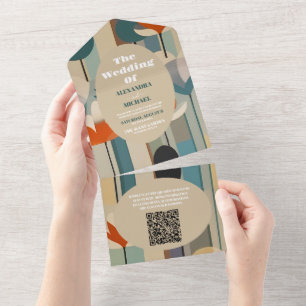 Invitación Todo En Uno Código QR Elegante Boda Floral Mediados de Siglo