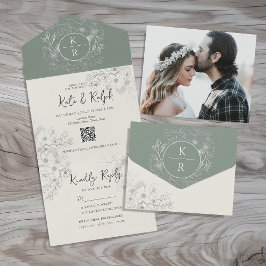 Invitación Todo En Uno Código QR Elegante Boda Verde Salvia