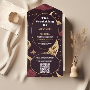 Invitación Todo En Uno Código QR Elegante Burgundy Dorado Boda Celestial